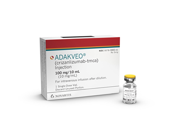ADAKVEO® (Crizanlizumab) is indicated to reduce the frequency of vaso-occlusive crises (VOCs) in adults and pediatric patients aged 16 years and older with sickle cell disease. Manufacturer: Novartis