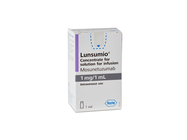 LUNSUMIO (mosunetuzumab-axgb) is a prescription medicine used to treat adults with follicular lymphoma whose cancer has come back or did not respond to previous treatment, and who have already received two or more treatments for their cancer. It is not known if LUNSUMIO is safe and effective in children. Manufacturer:Genentech