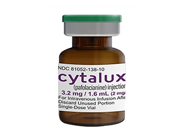 Cytalux (pafolacianine) is a fluorescent drug used to help surgeons identify cancer lesions during surgery. It's administered intravenously to adult patients with ovarian cancer or suspected lung cancer. Manufacturer: Target Laboratories, Inc.