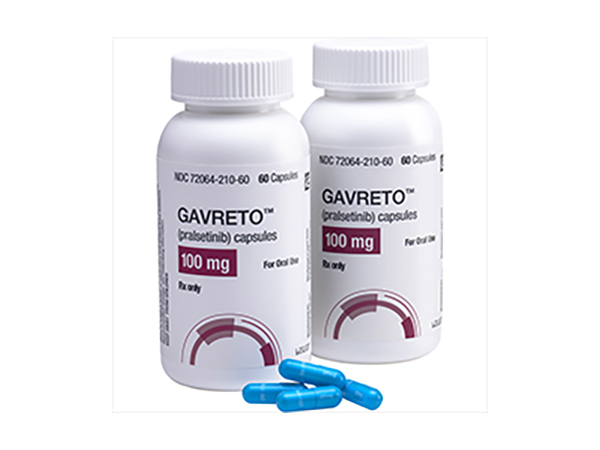 GAVRETO(Pralsetinib) is a prescription medicine used to treat certain cancers caused by abnormal rearranged during transfection (RET) genes in: adults with non-small cell lung cancer (NSCLC) that has spread. Manufacturer:Genentech, Inc. Roche