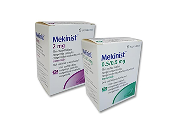 Mekinist (Trametinib) is used alone or in combination with dabrafenib (Tafinlar) to treat certain types of melanoma (a type of skin cancer), prevent the return of a certain type of melanoma after surgery, certain types of non-small-cell lung cancer (NSCLC) and thyroid cancer, certain types of solid tumors in adults and children 6 years of age older and to treat a certain type of glioma (a certain type of cancerous brain tumor) in children 1 year of age or older. Manufacturer: Novartis Pharmaceuticals