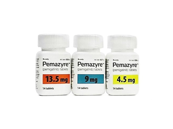 PEMAZYRE(Pemigatinib) is indicated for the treatment of adults with previously treated, unresectable locally advanced or metastatic cholangiocarcinoma with a fibroblast growth factor receptor 2 (FGFR2) fusion or other rearrangement. It is also approved for the treatment of adults with relapsed or refractory myeloid/lymphoid neoplasms (MLNs) with fibroblast growth factor receptor 1 (FGFR1) rearrangement. Manufacturer:Incyte Corporation