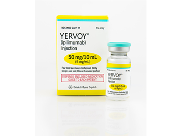 YERVOY is used alone or with other drugs to treat certain types of colorectal cancer, esophageal cancer, hepatocellular carcinoma (a type of liver cancer), malignant pleural mesothelioma, melanoma, non-small cell lung cancer, and renal cell carcinoma Manufacturer: Bristol Myers Squibb